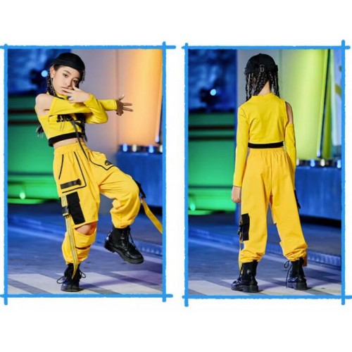 Girls yellow hiphop rapper singers Street Jazz dance costumes Catwalk girls gogo dancers hip-hop wear Children's dance exercise uniform model show performance outfits 